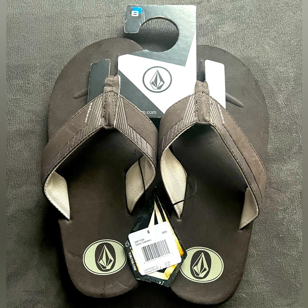 NEW☑️NEVER WORN☑️ VOLCOM Brown & Tan Randall Flip Flops X Size : 8 - Picture 1 of 3